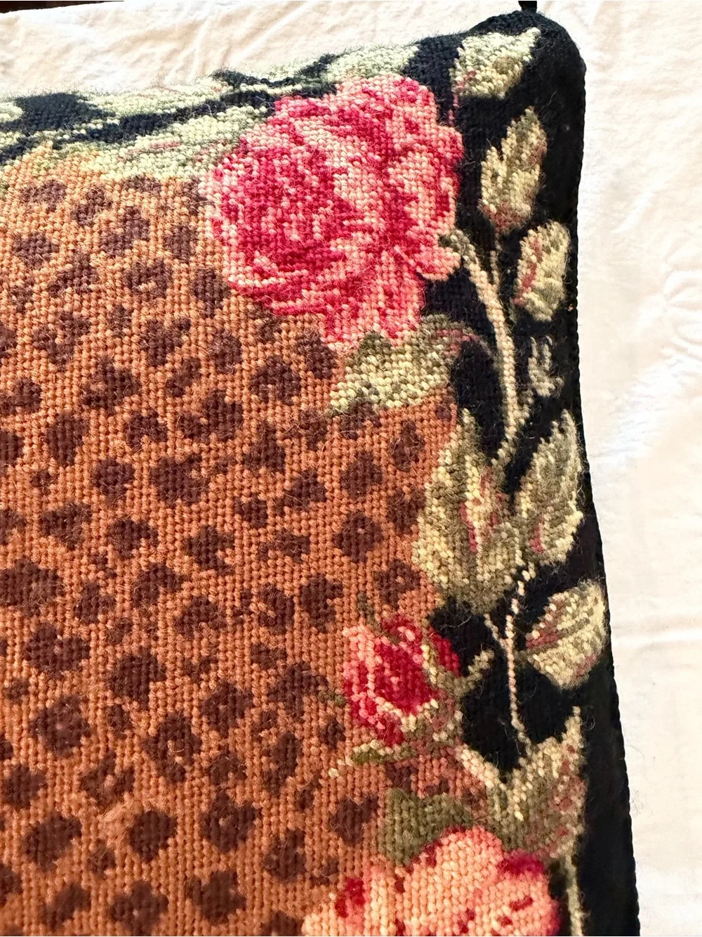 Floral Needlepoint Accent Pillow in Black, Pink & Brown